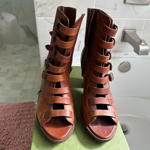 Frye Brown Strappy Women's Ankle Boots - Picture 2 of 7